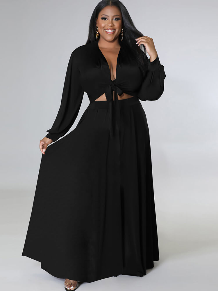 Two Piece Long Sleeve Crop Top & Maxi Skirts Tiynon