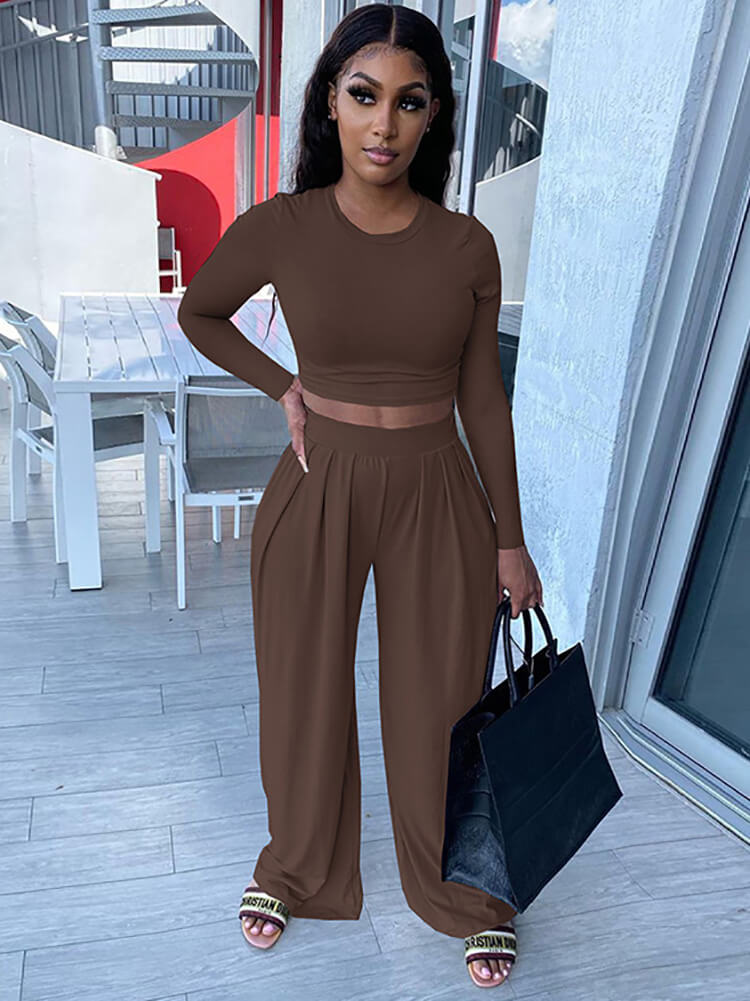 Two Piece Long Sleeve Crop Top Wide Leg Pant Sets Tiynon