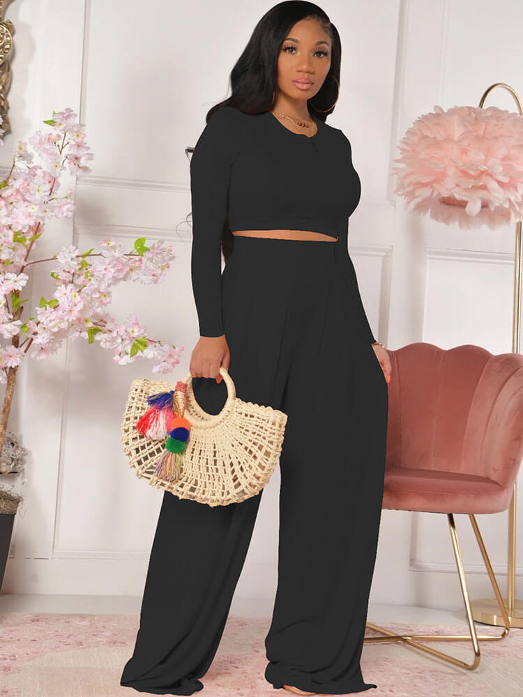 Two Piece Long Sleeve Crop Top & Wide Leg Pants Tiynon