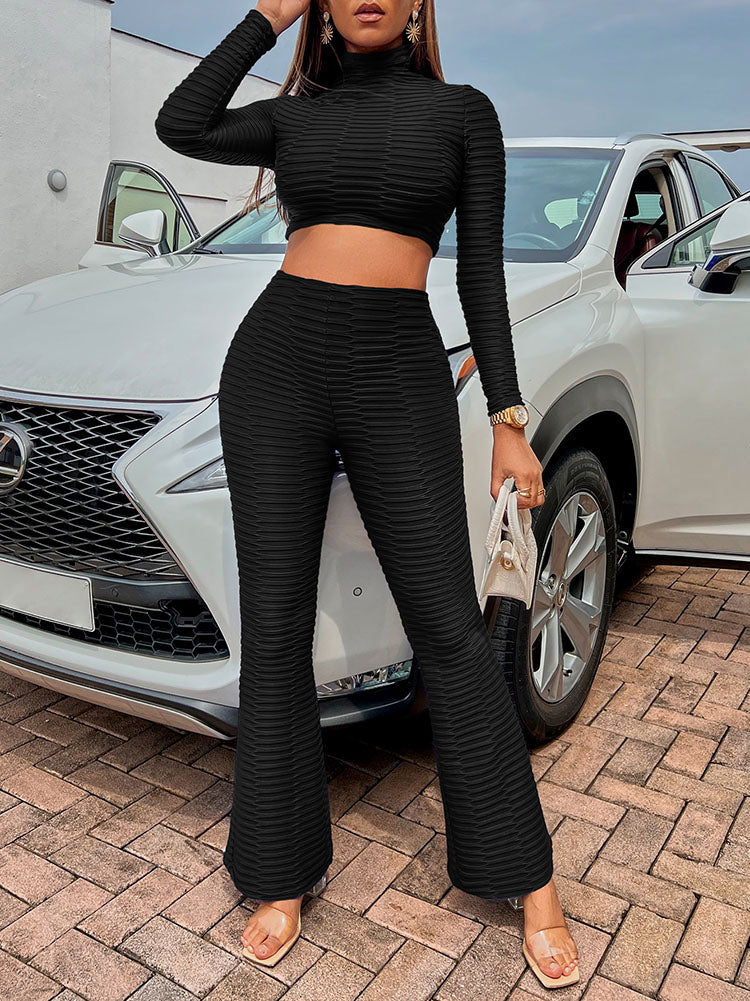 Two Piece Long Sleeve Crop Tops Flare Pants Outfits Tiynon