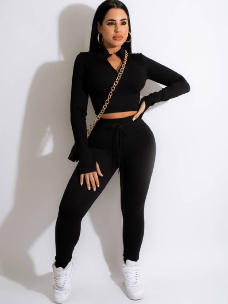 Two Piece Long Sleeve Crop Tops & Pants Tiynon