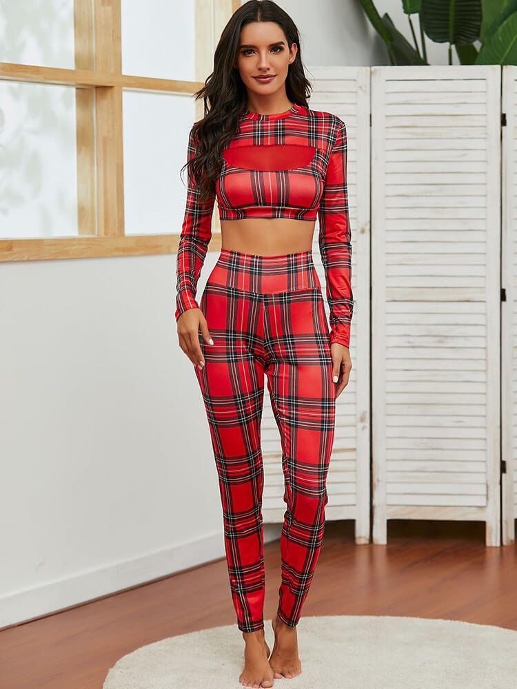 Two Piece Long Sleeve Plaid Crop Top & High Waist Pants Tiynon