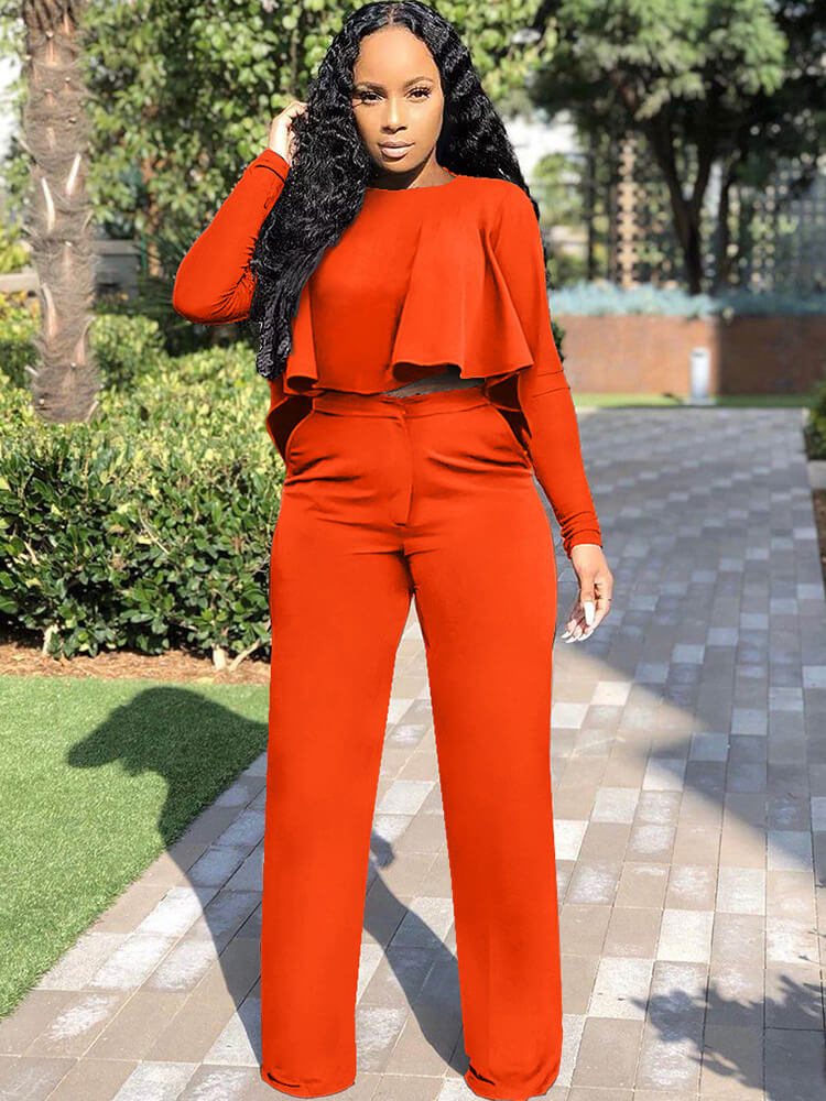 Two Piece Long Sleeve Ruffle Crop Tops & Long Pants Tiynon