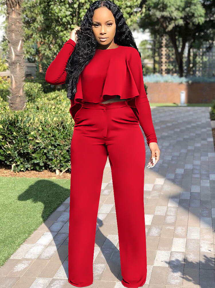 Two Piece Long Sleeve Ruffle Crop Tops & Long Pants Tiynon