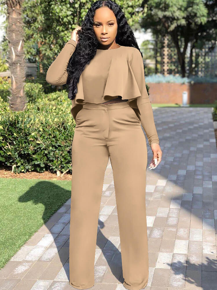 Two Piece Long Sleeve Ruffle Crop Tops & Long Pants Tiynon