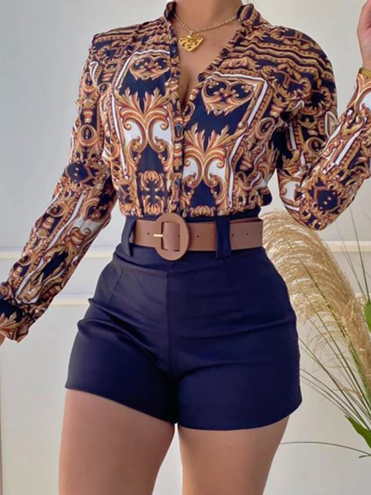 Two Piece Long Sleeve Shirt & High Waist Shorts Tiynon