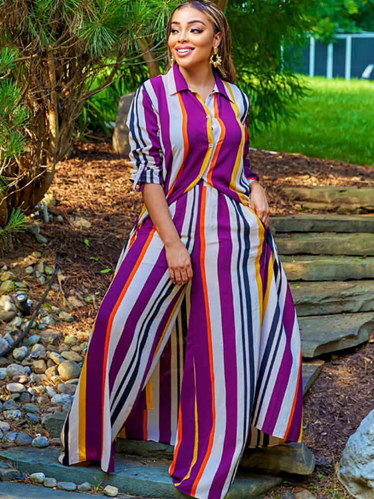 Two Piece Long Sleeve Striped Shirt & Wide Leg Pants Tiynon