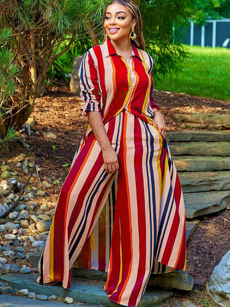 Two Piece Long Sleeve Striped Shirt & Wide Leg Pants Tiynon