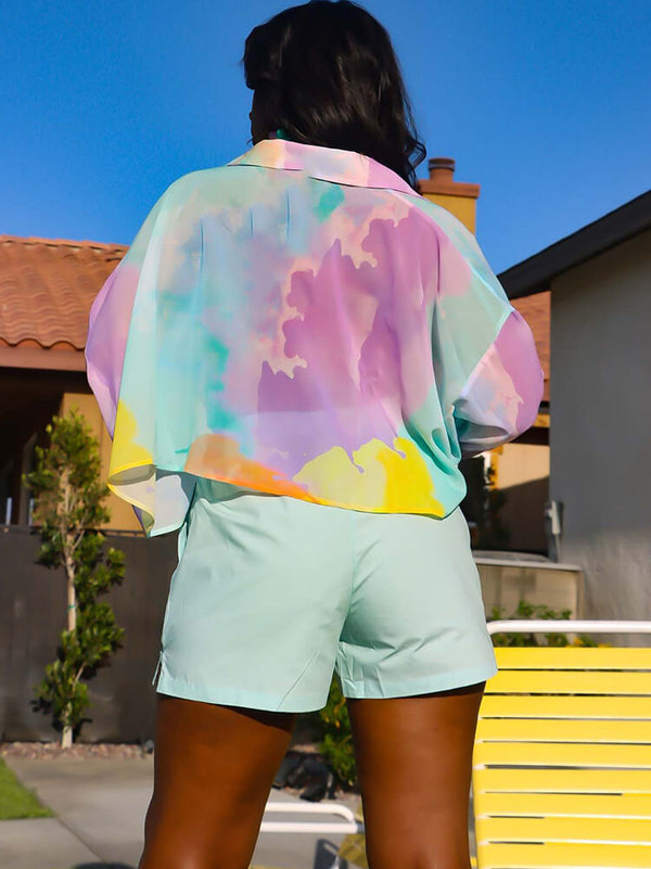 Two Piece Long Sleeve Tie Dye Crop Top & Shorts Tiynon