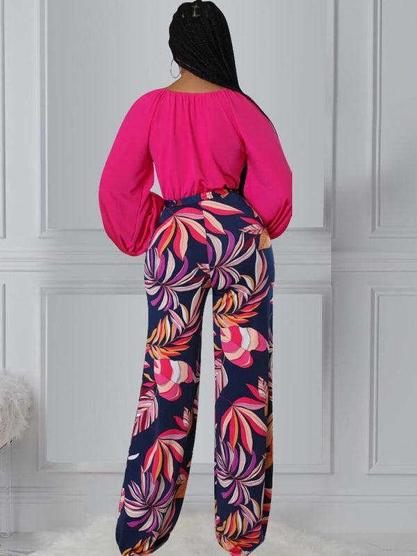 Two Piece Long Sleeve Tops & Floral Wide Leg Pants Tiynon