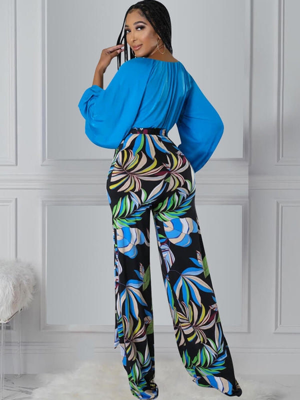 Two Piece Long Sleeve Tops & Floral Wide Leg Pants Tiynon