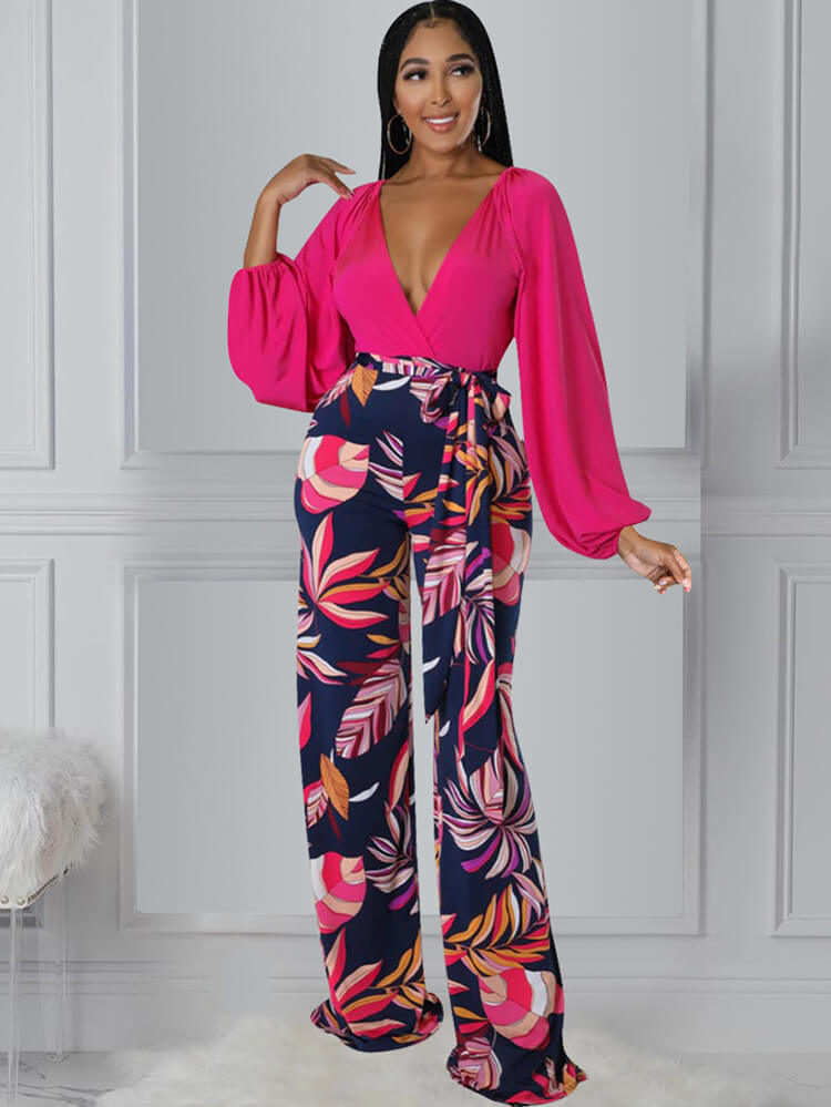 Two Piece Long Sleeve Tops & Floral Wide Leg Pants Tiynon