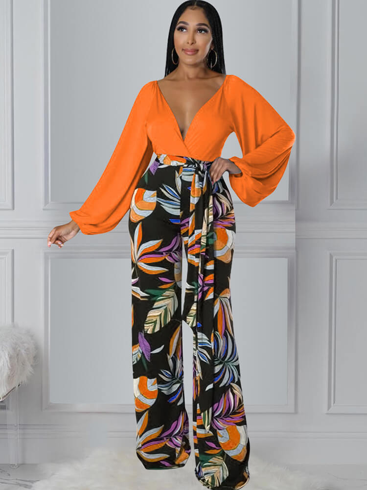 Two Piece Long Sleeve Tops & Floral Wide Leg Pants Tiynon