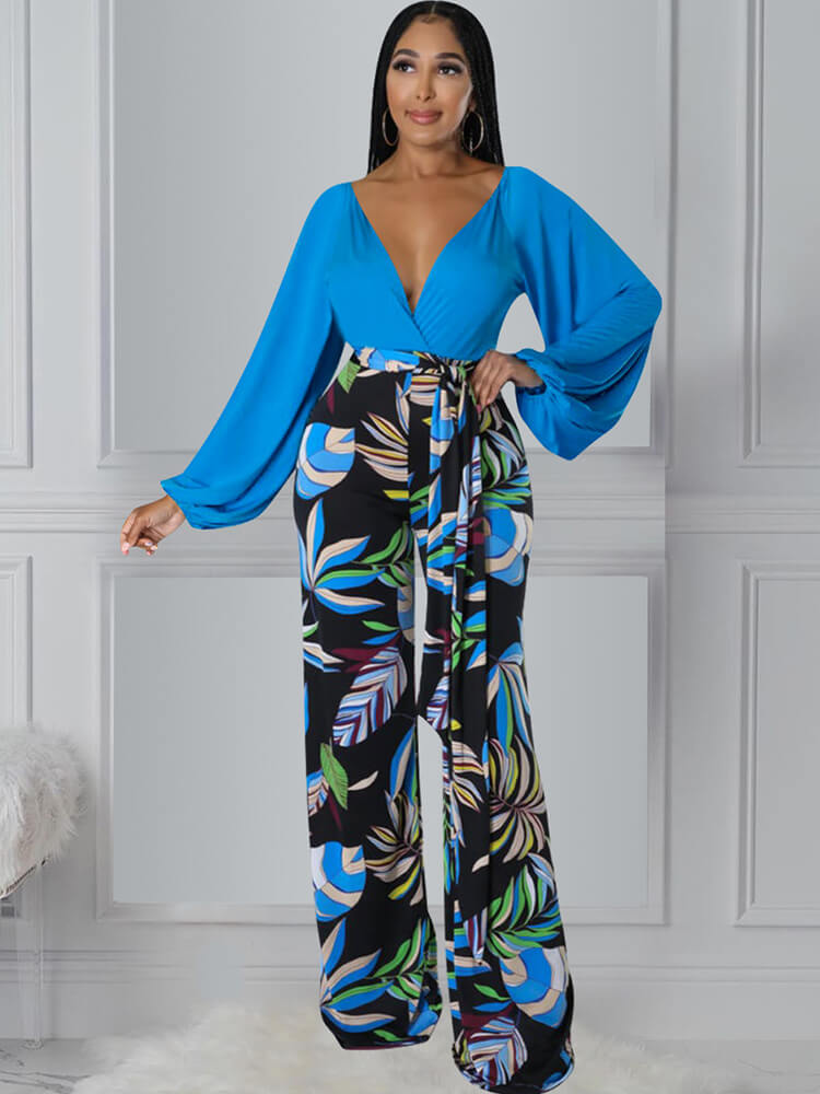 Two Piece Long Sleeve Tops & Floral Wide Leg Pants Tiynon