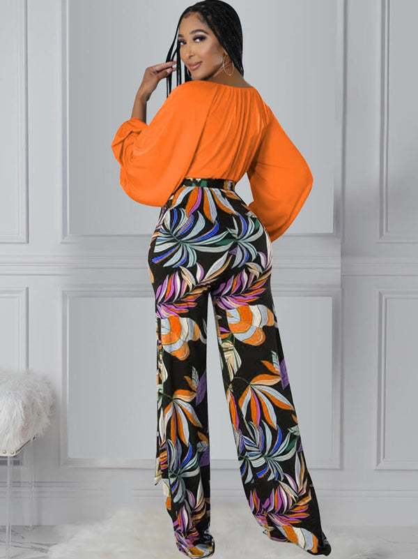 Two Piece Long Sleeve Tops & Floral Wide Leg Pants Tiynon