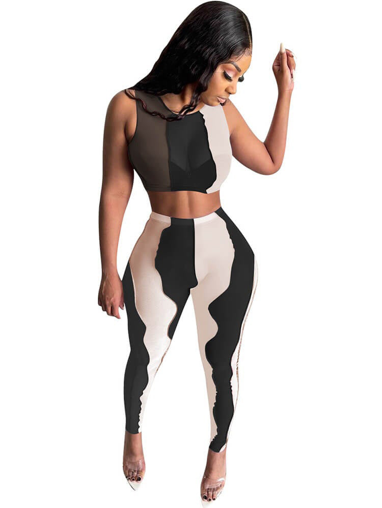 Two Piece Mesh Sleeveless Patchwork Crop Top&Bodycon Pants Tiynon