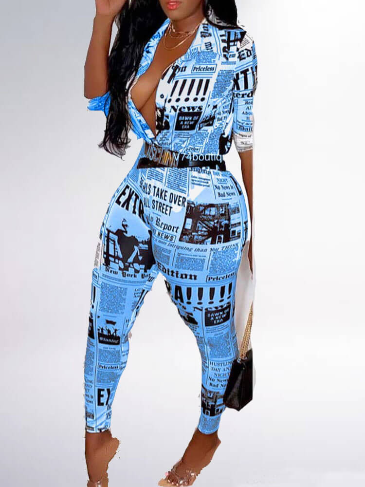 Two Piece Newspaper Print Jackets+Pants Sets Tiynon