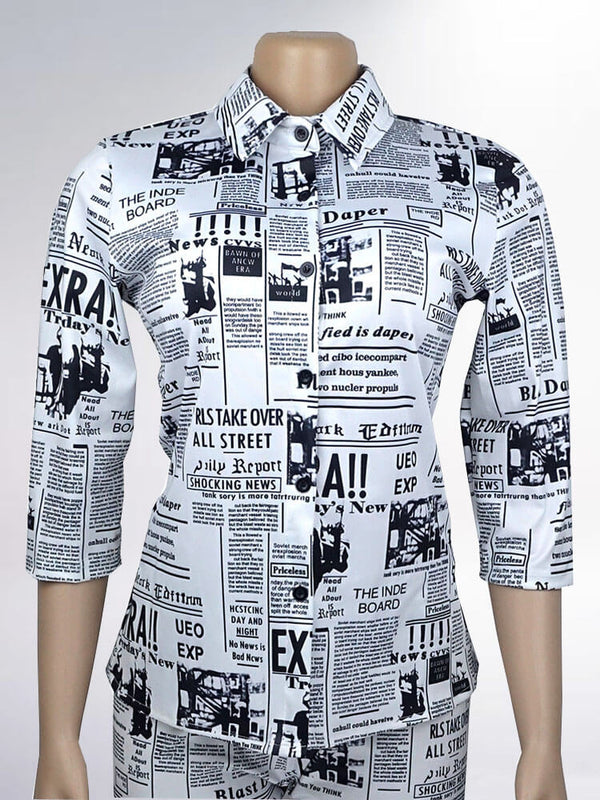 Two Piece Newspaper Print Jackets+Pants Sets Tiynon