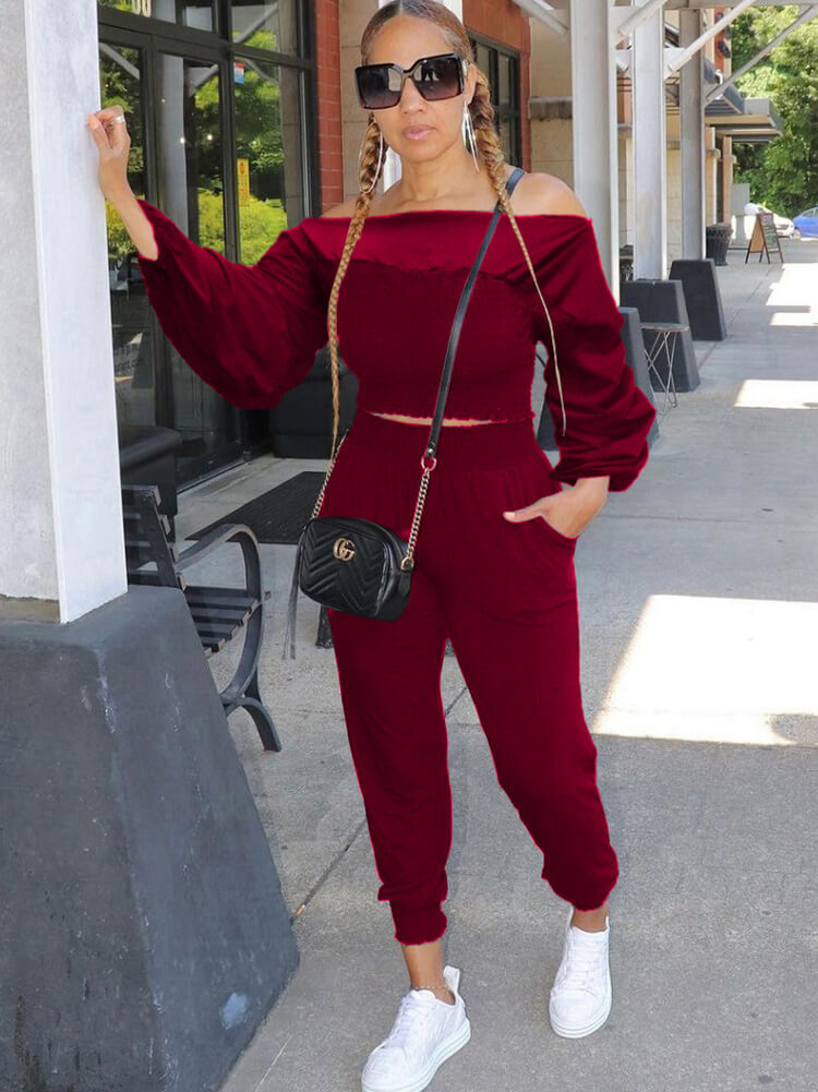 Two Piece Off Shoulder Crop Top & Long Pants Sets Tiynon