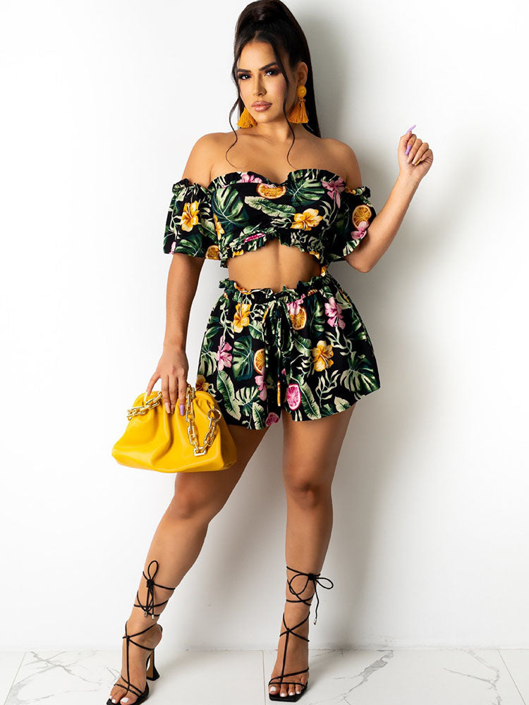 Two Piece Off Shoulder Crop Top & Short Pants Tiynon