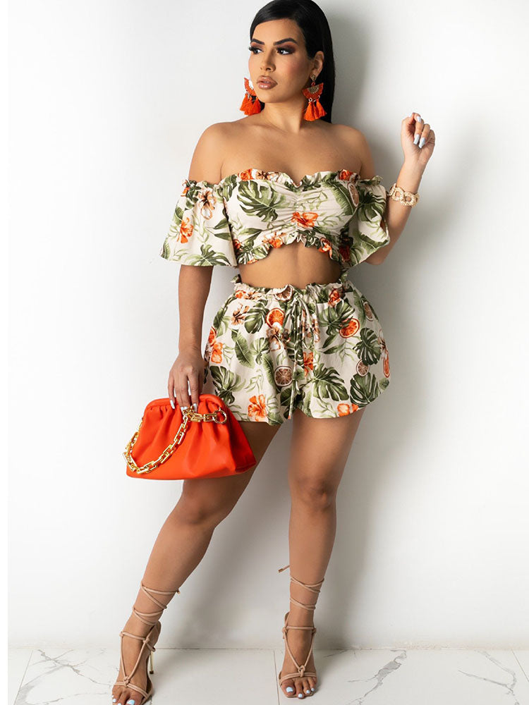 Two Piece Off Shoulder Crop Top & Short Pants Tiynon