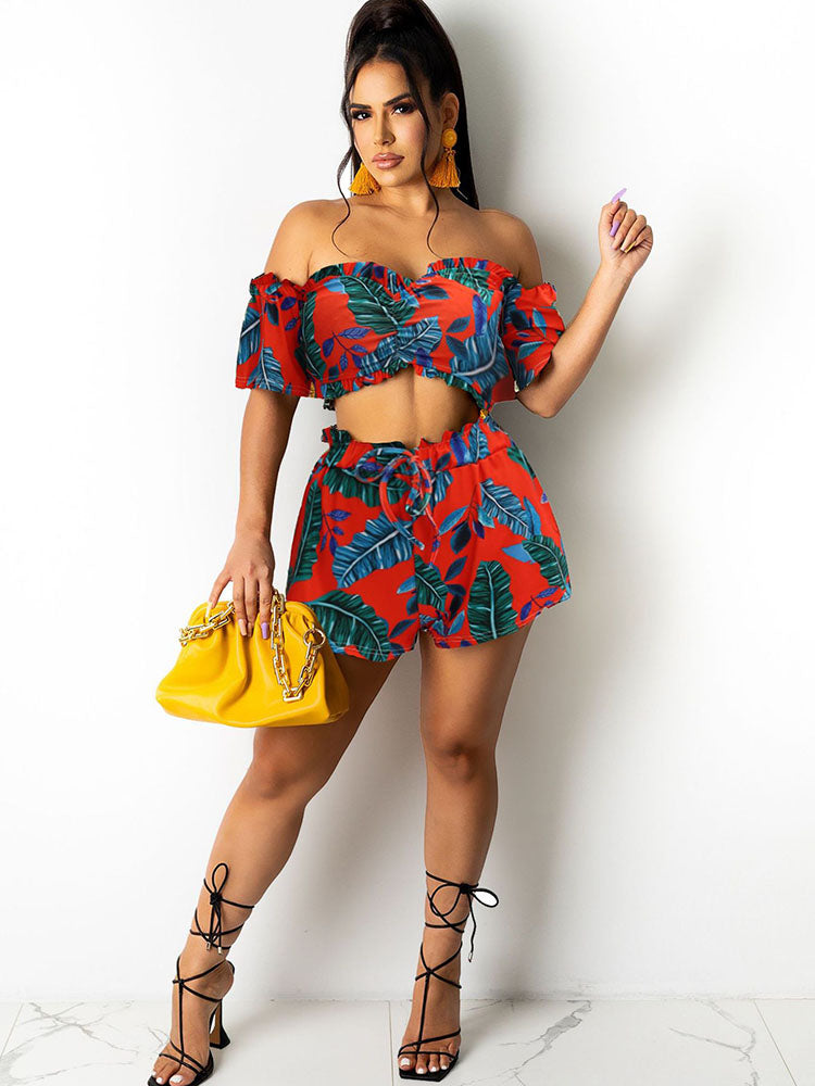 Two Piece Off Shoulder Crop Top & Short Pants Tiynon