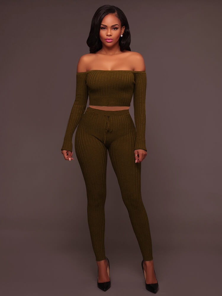 Two Piece Off Shoulder Crop Top+Skinny Pants Sets Tiynon