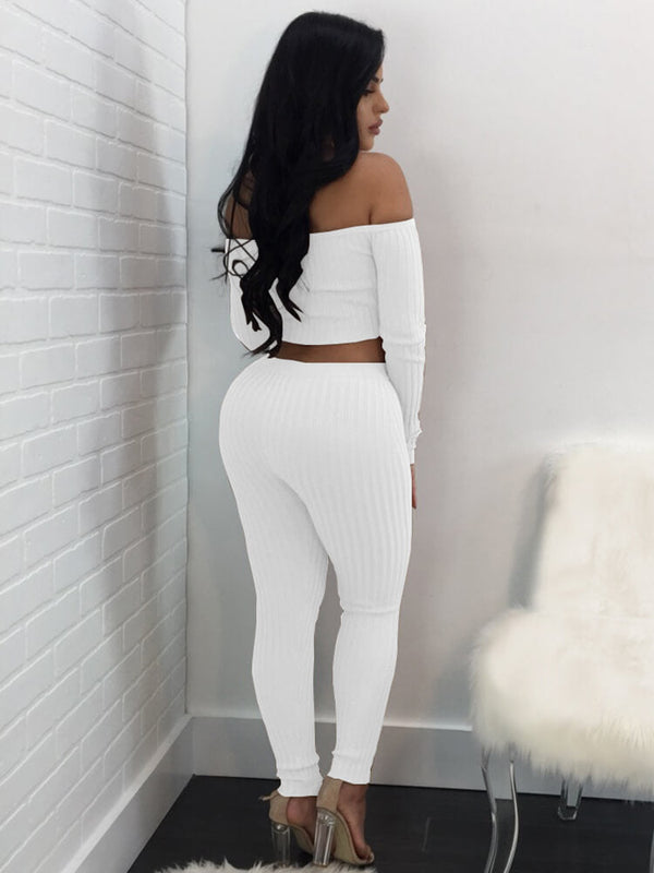 Two Piece Off Shoulder Crop Top+Skinny Pants Sets Tiynon