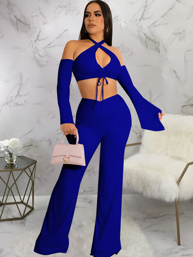 Two Piece Off Shoulder Crop Top & Wide Leg Pants Tiynon