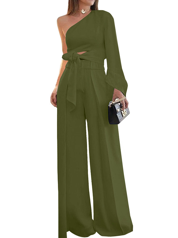 Two Piece One Shoulder Crop Top + Long Pants Tiynon