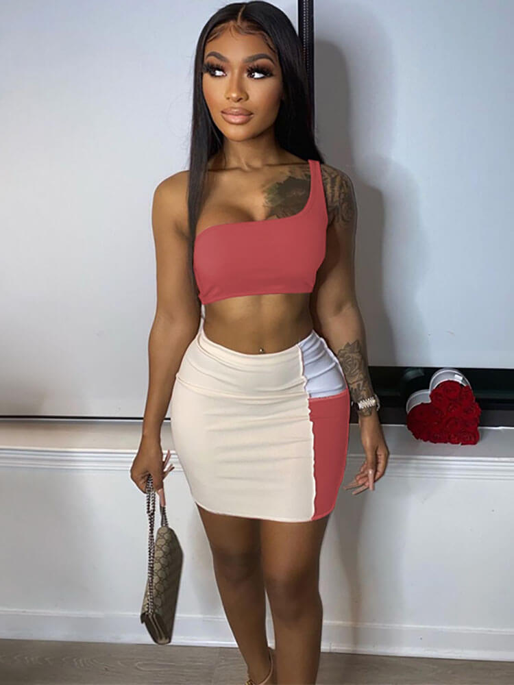 Two Piece One Shoulder Crop Top & Mini Skirt Tiynon