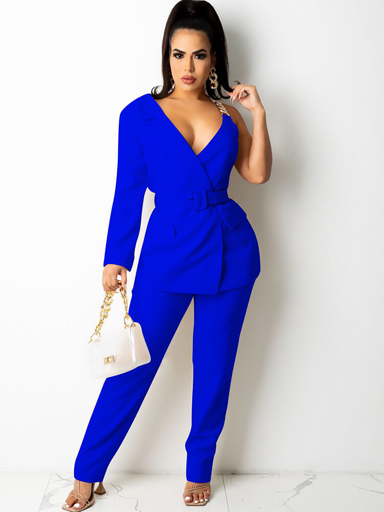 Two Piece One Shoulder Long Sleeve Blazer Belted Pants Suit Tiynon