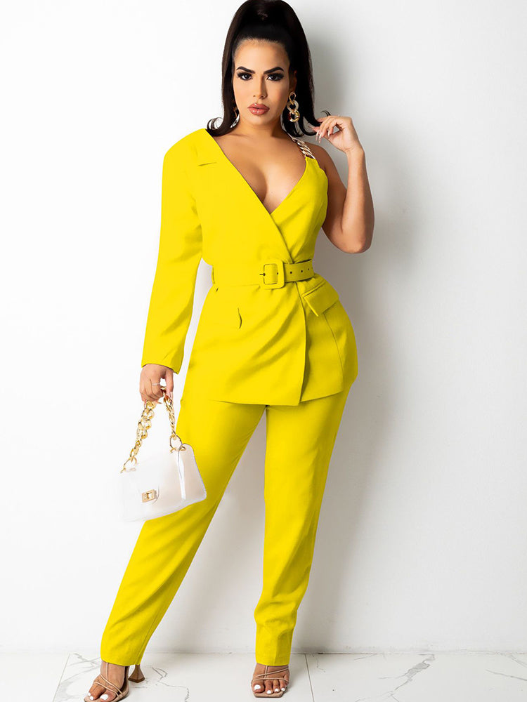 Two Piece One Shoulder Long Sleeve Blazer Belted Pants Suit Tiynon