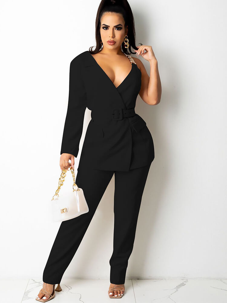 Two Piece One Shoulder Long Sleeve Blazer Belted Pants Suit Tiynon