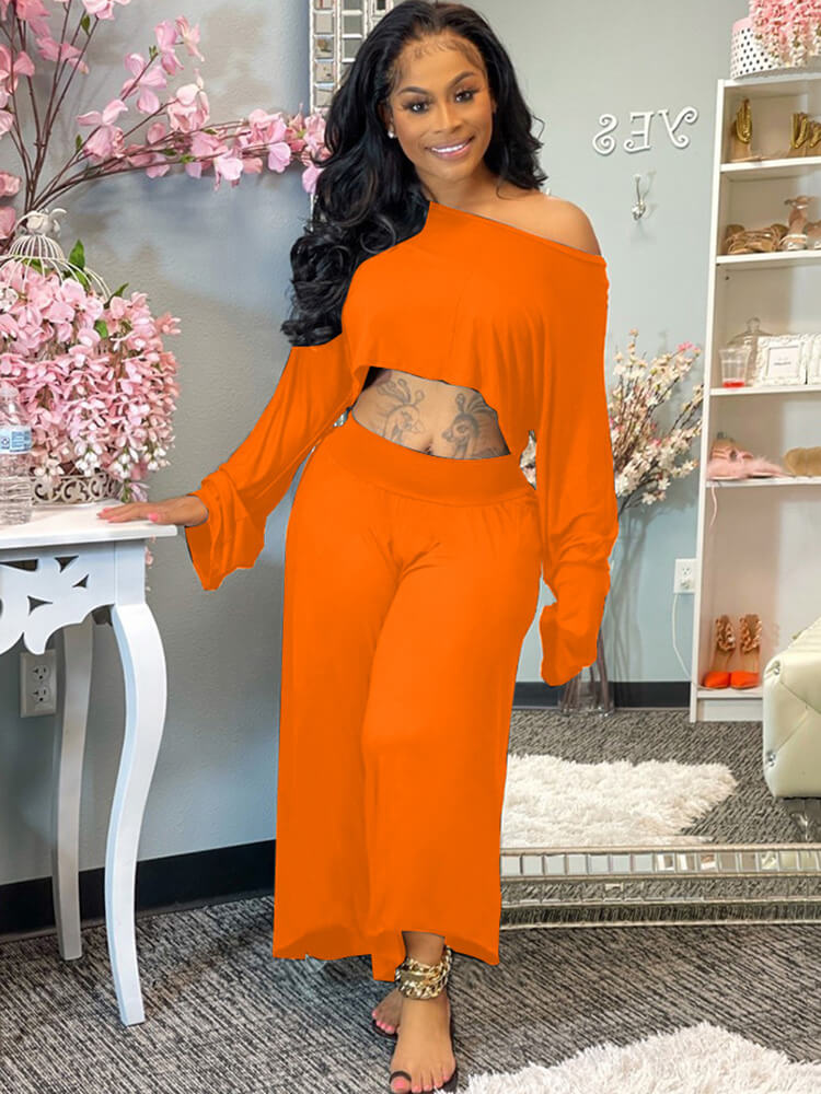 Two Piece One Shoulder Long Sleeve Crop Top Wide Leg Pants Tiynon