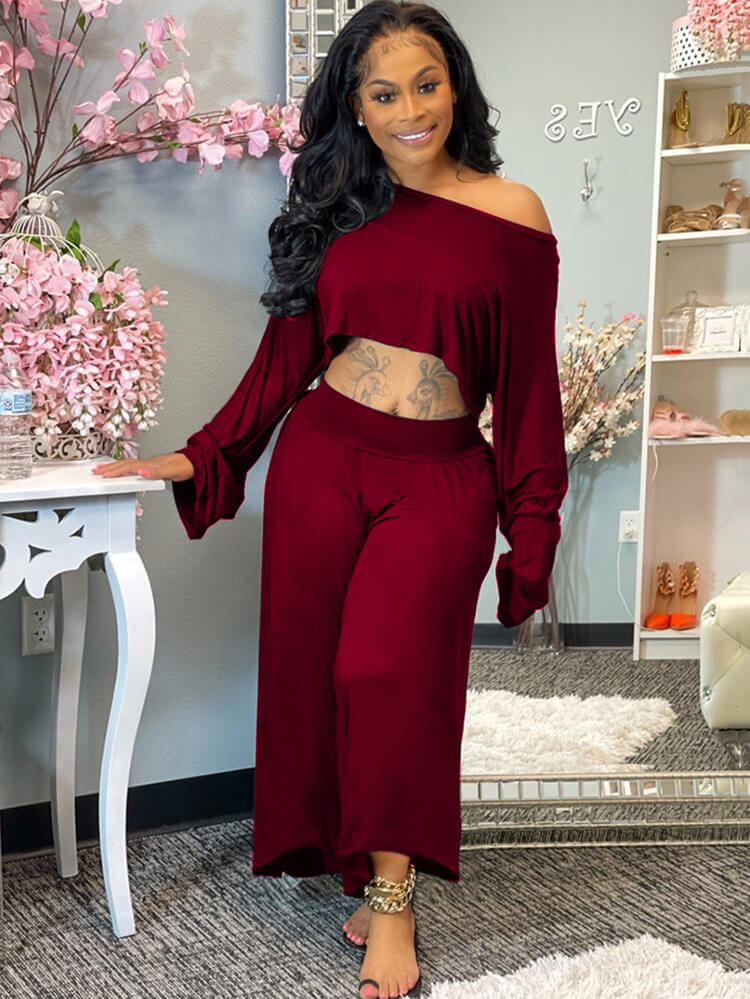 Two Piece One Shoulder Long Sleeve Crop Top Wide Leg Pants Tiynon