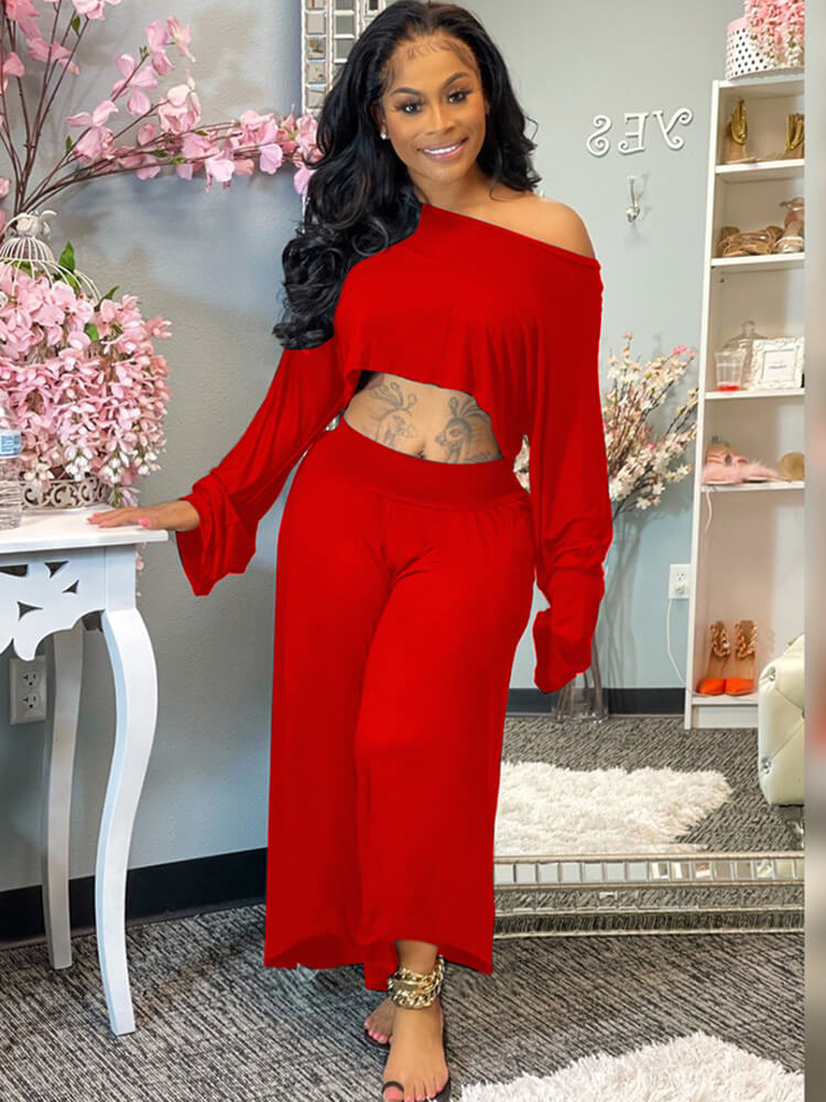 Two Piece One Shoulder Long Sleeve Crop Top Wide Leg Pants Tiynon