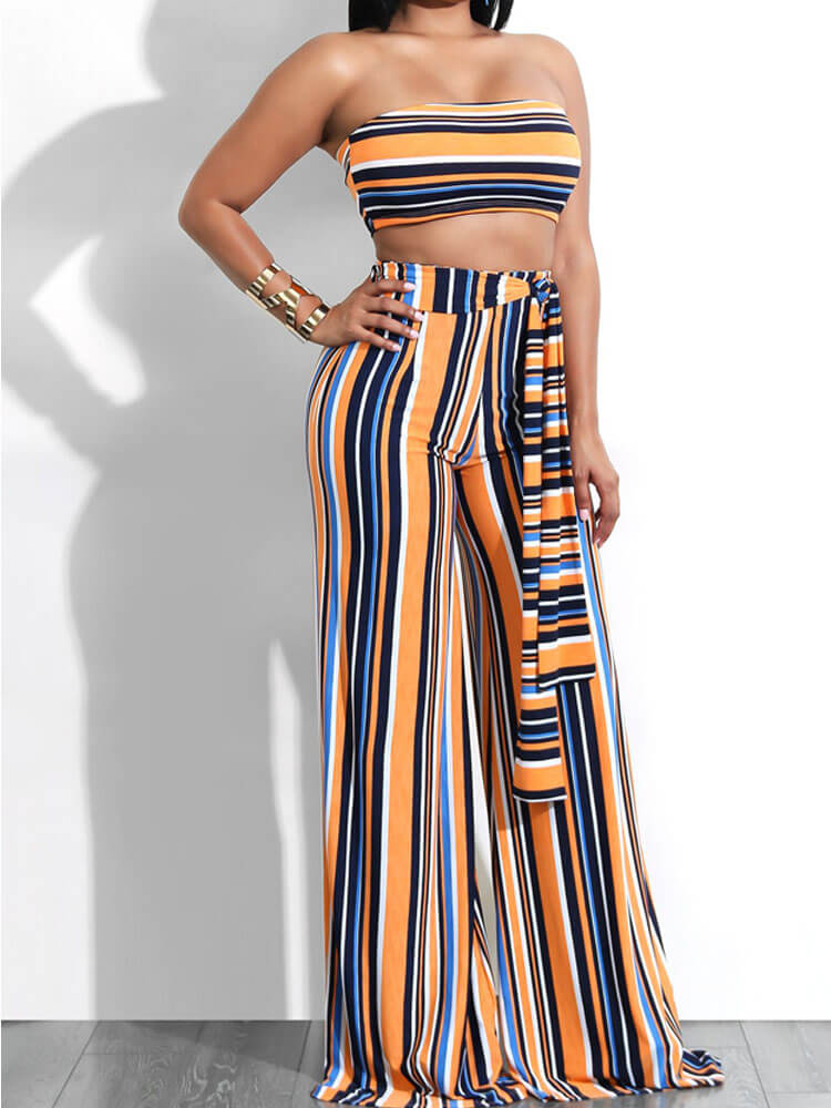 Two Piece Outfits Stripe Bandeau Top+Wide Leg Pants Sets Tiynon