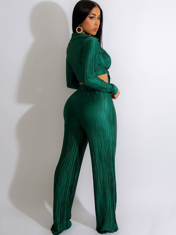 Two Piece Pleated Long Sleeve Crop Tops Pants Set Tiynon