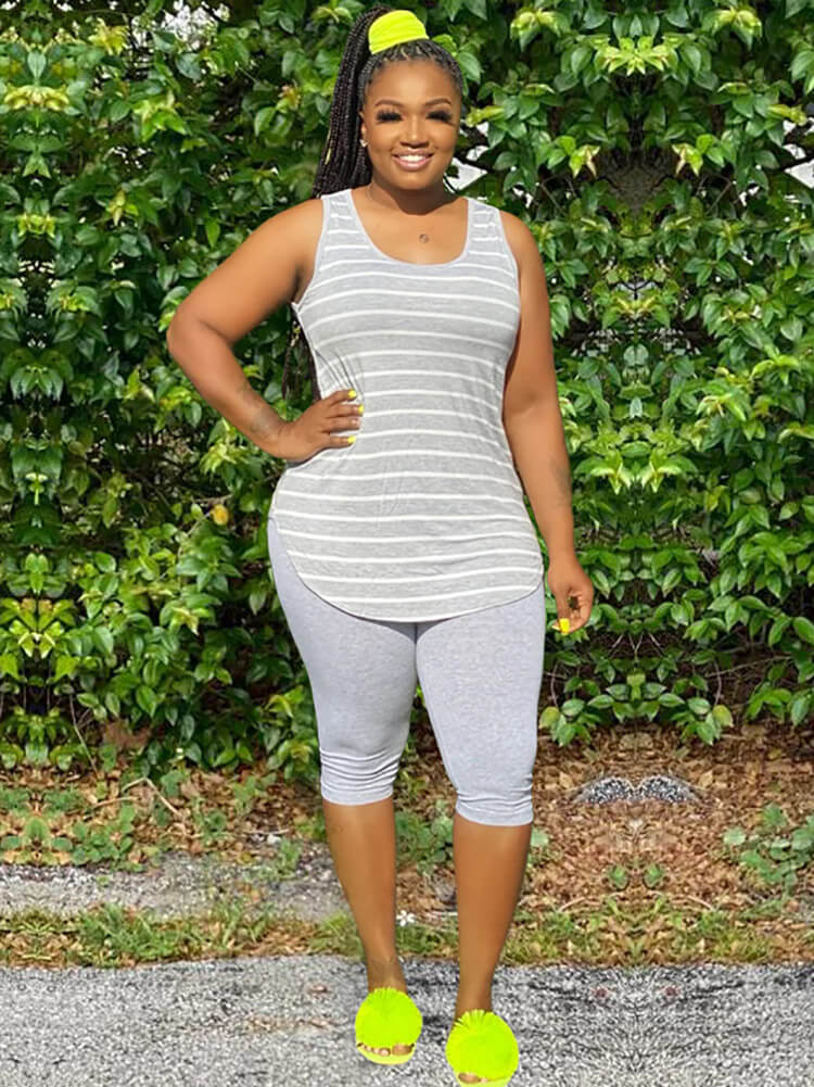 Two Piece Plus Size Sleeveless Tops+Shorts Sets Tiynon