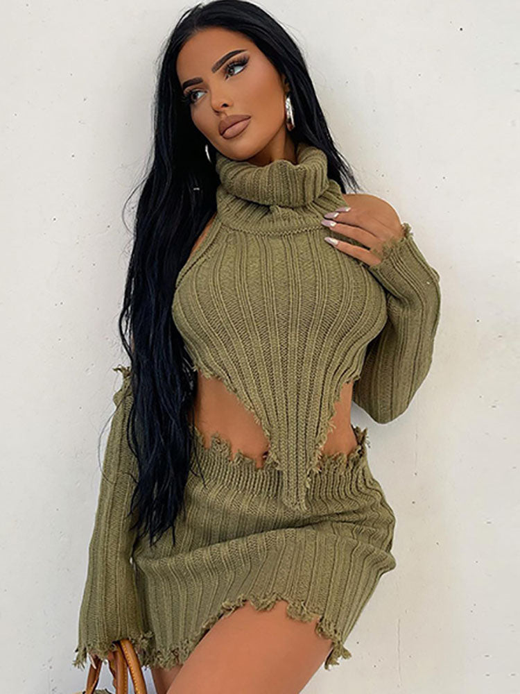 Two Piece Ripped Asymmetrical Sweater Skirt Suits Tiynon