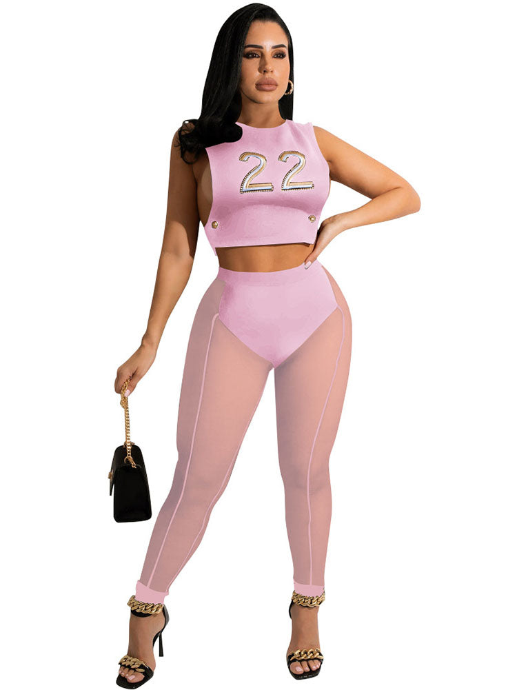 Two Piece Sleeveless Crop Tops & Mesh Bodycon Pants Tiynon