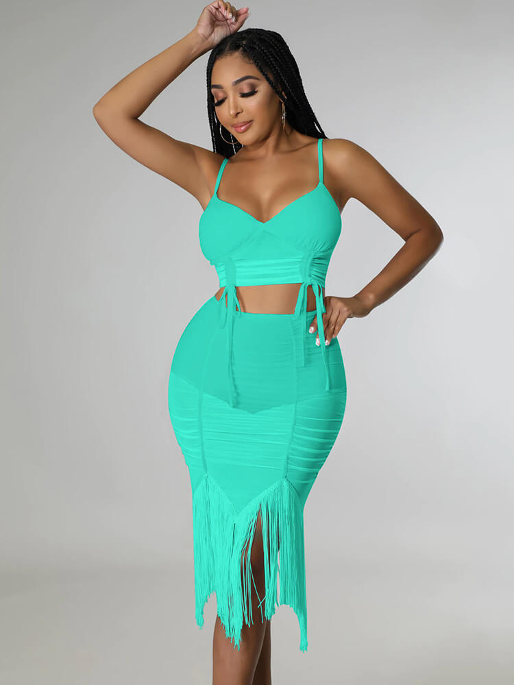 Two Piece Spaghetti Strap Mesh Crop Top & Tassel Skirt Tiynon