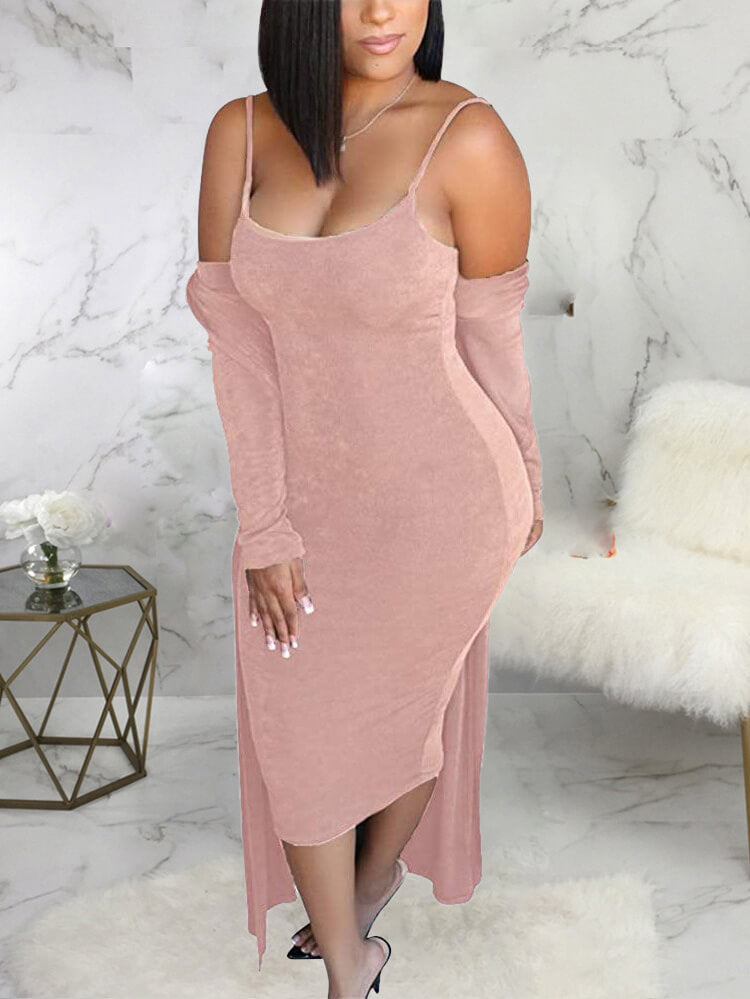 Two Piece Spaghetti Strap Midi Dress Long Cardigan Sets Tiynon