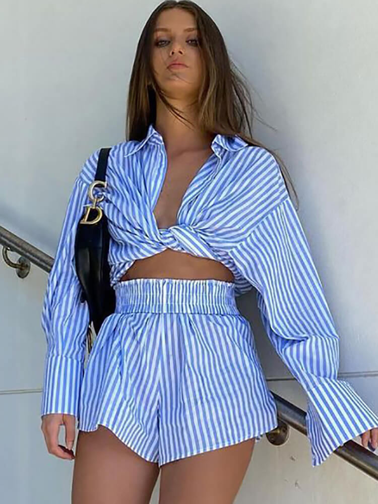 Two Piece Striped Long Sleeve Shirt & High Waist Shorts Tiynon