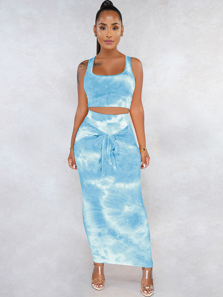 Two Piece Tie-Dye Tank Top & Maxi Skirts Tiynon