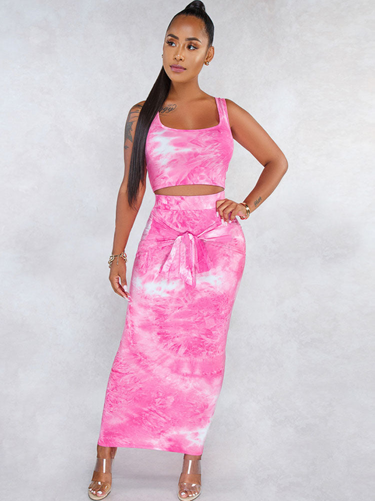 Two Piece Tie-Dye Tank Top & Maxi Skirts Tiynon