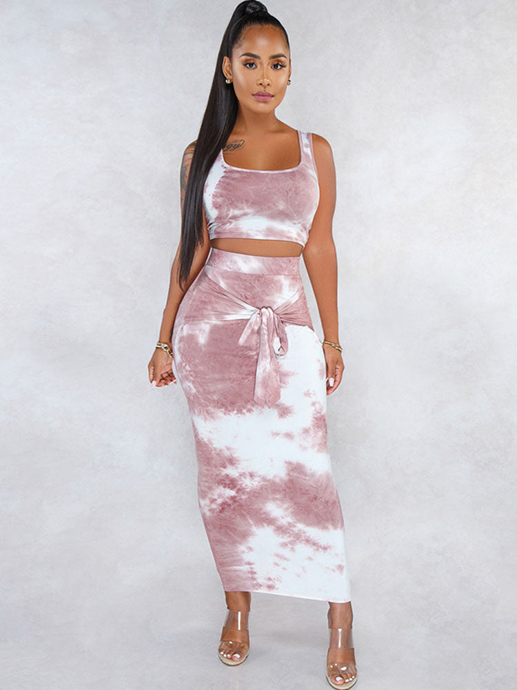 Two Piece Tie-Dye Tank Top & Maxi Skirts Tiynon