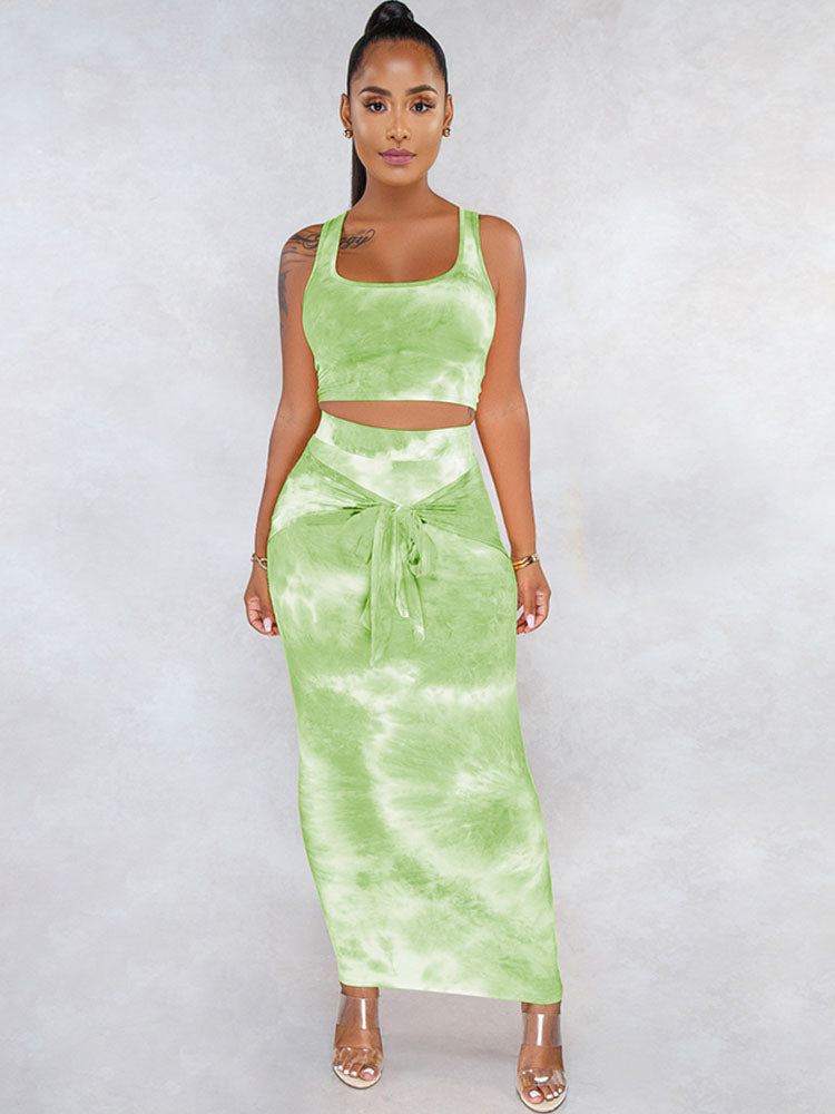 Two Piece Tie-Dye Tank Top & Maxi Skirts Tiynon