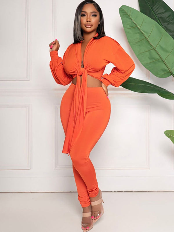 Two Piece Tie Up Solid Color Pant Suits Tiynon